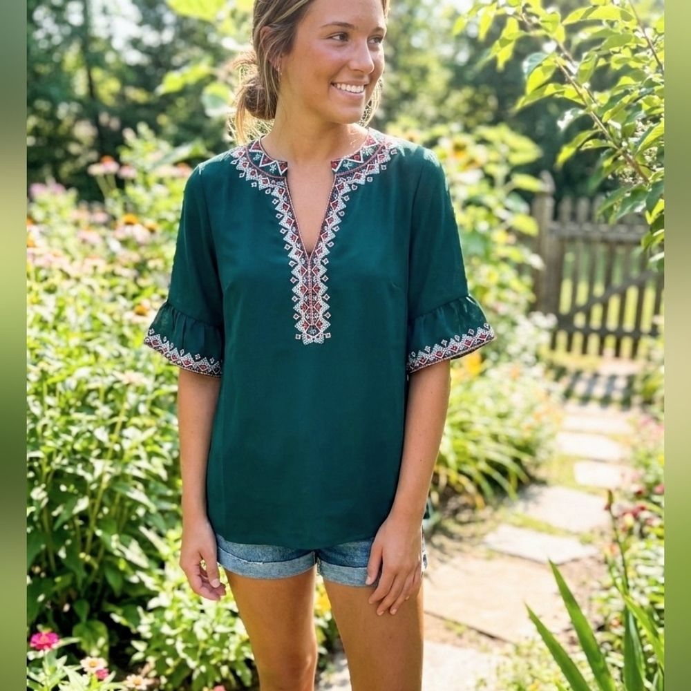 VINTAGE EMBROIDERY DETAIL GREEN BOHEMIAN BELL SLEEVE BLOUSE WOMEN'S SIZE S